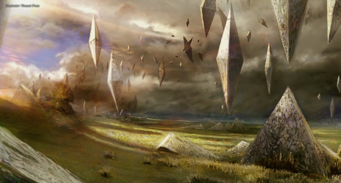 Fantasy landscape with floating crystals and sunlight