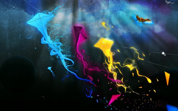 Fantasy art of colorful kites in space with a bird
