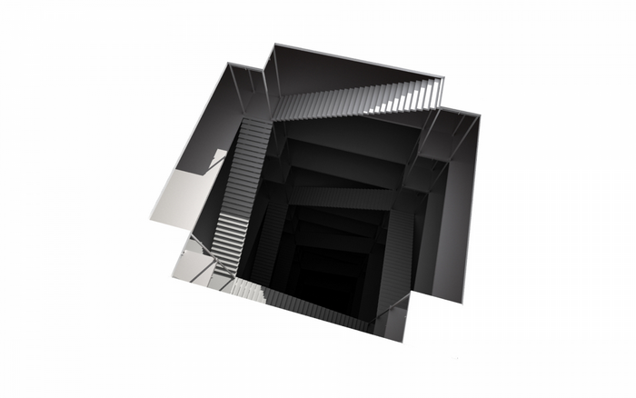 Abstract architectural render of a multi-level staircase