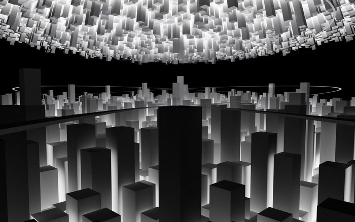 Monochrome abstract cityscape with overhead chandelier