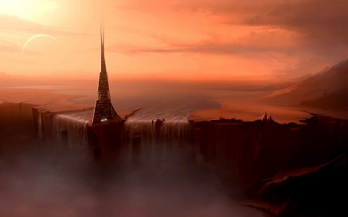 Futuristic tower on a cliff overlooking a misty landscape at sunset