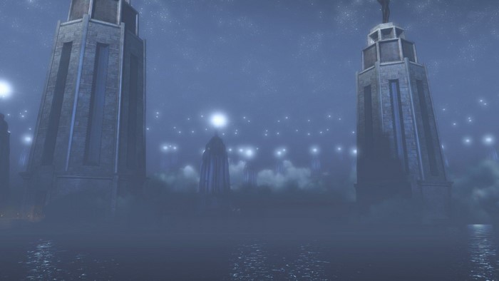 BioShock Infinite towers in fog at night