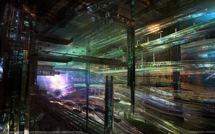 Futuristic cityscape with glowing lights and structures