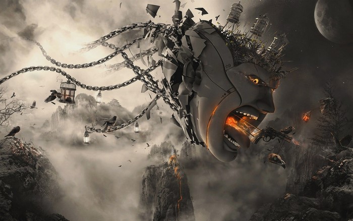 Fragmented face with chains and birds in a fantasy landscape