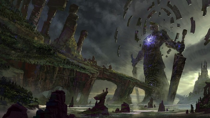 Fantasy art of a giant stone golem in a ruined landscape