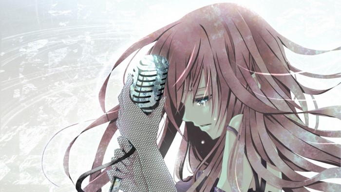 Megurine Luka from Vocaloid crying with a microphone