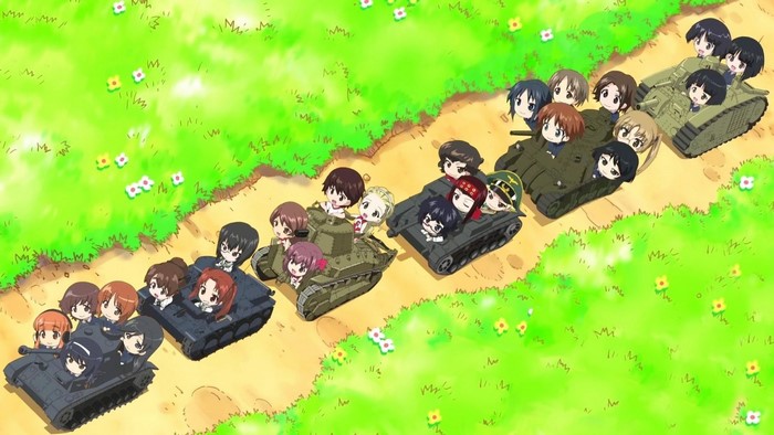 Girls und Panzer characters in chibi style on tanks
