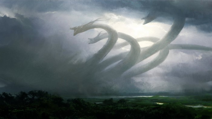 Fantasy art of a hydra in a storm