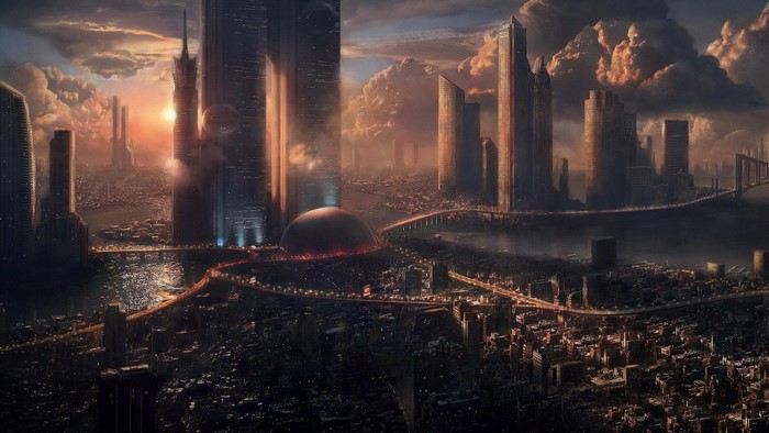 Futuristic cityscape at sunset with towering skyscrapers