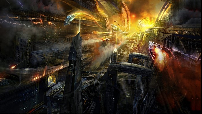 Science fiction city with flying vehicles and lightning