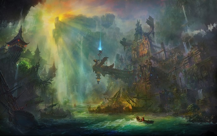 Fantasy city built into cliffs with waterfalls and ships