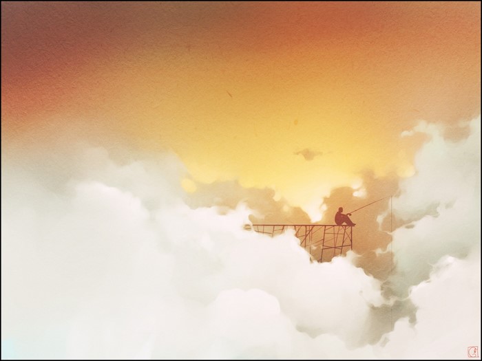 Fantasy art of a person fishing on a platform in the clouds