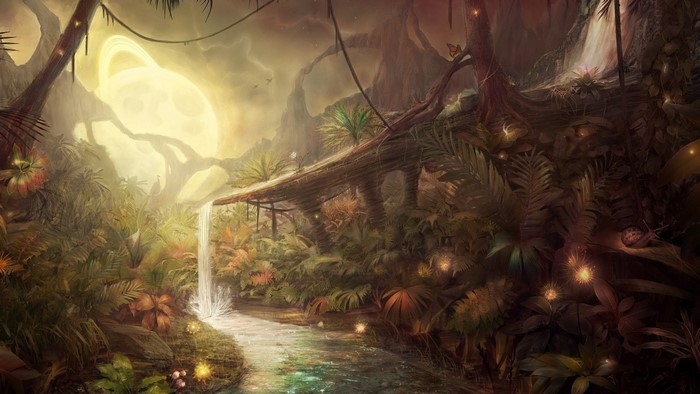 Fantasy jungle with a large ringed planet in the sky