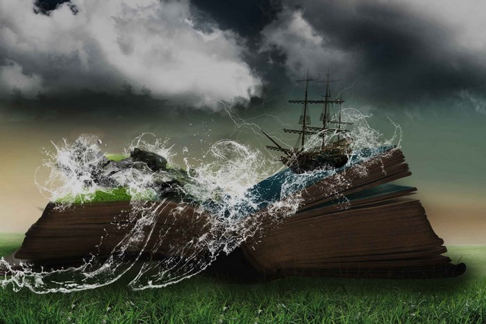 Ship sailing out of an open book during a storm