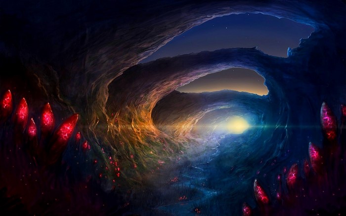 Fantasy cave with glowing crystals and light