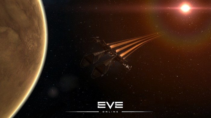 Spaceship in space near a planet with EVE Online logo