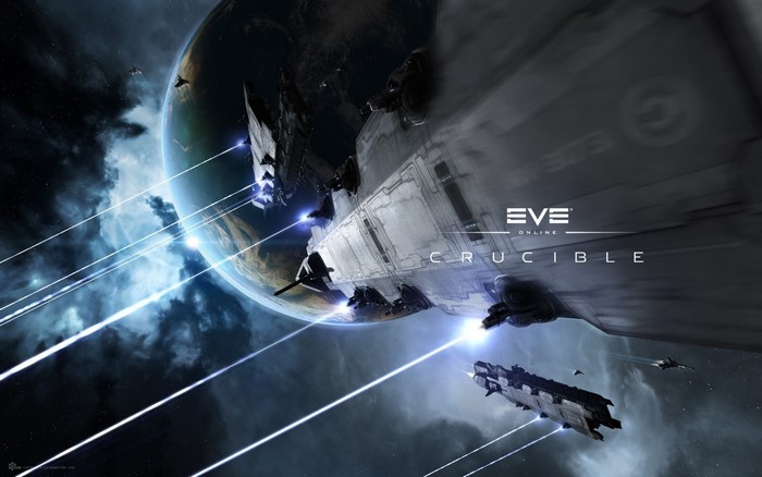 Spaceships in EVE Online: Crucible near a planet