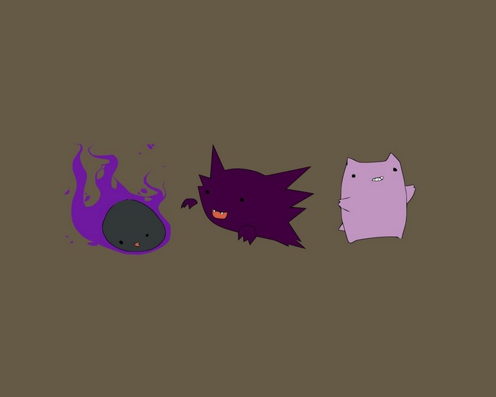 Three cartoon Pokemon characters on a brown background