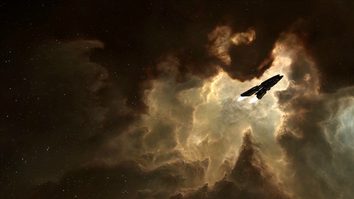 Spaceship flying through a nebula in EVE Online