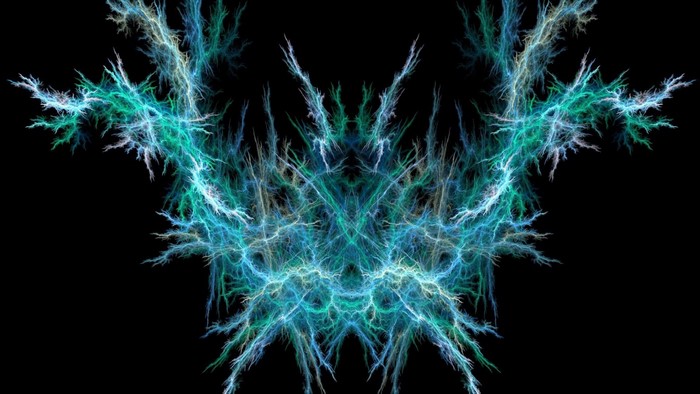 Abstract fractal art with green and blue sparks