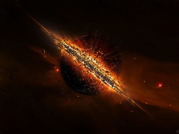Exploding planet in outer space with debris and stars