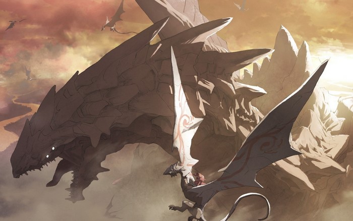 Fantasy art of dragons flying in a cloudy sky