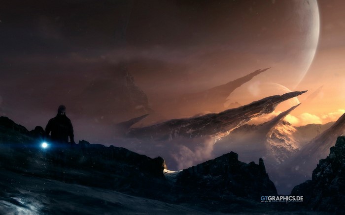 Person with flashlight on alien planet with large moons
