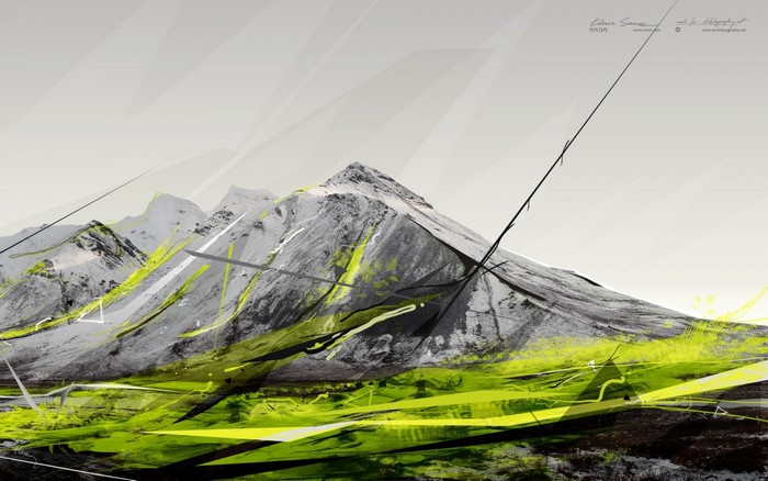 Abstract Mountain Landscape with Neon Green Energy