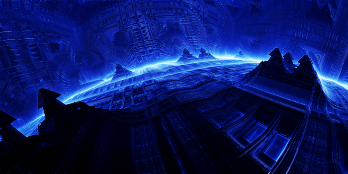 Abstract blue fractal landscape with glowing horizon