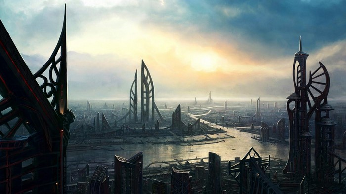 Futuristic Cityscape at Sunrise or Sunset