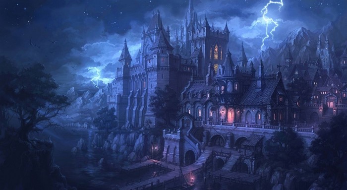 Mysterious Castle Under a Stormy Night Sky