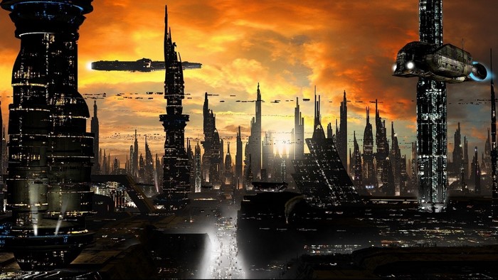 Futuristic cityscape with flying vehicles at dusk