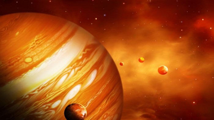 Jupiter and Its Moons in Fiery Space Scene