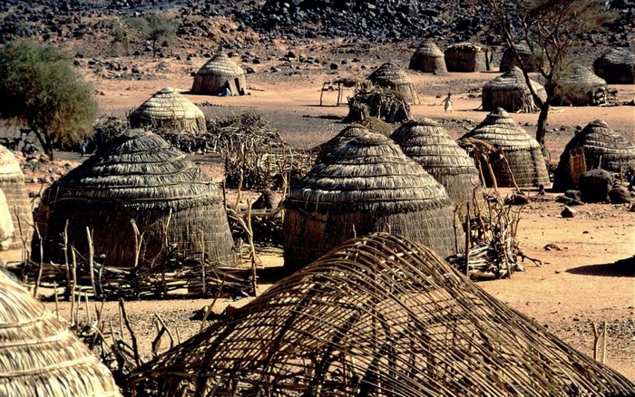 African village with traditional thatched huts