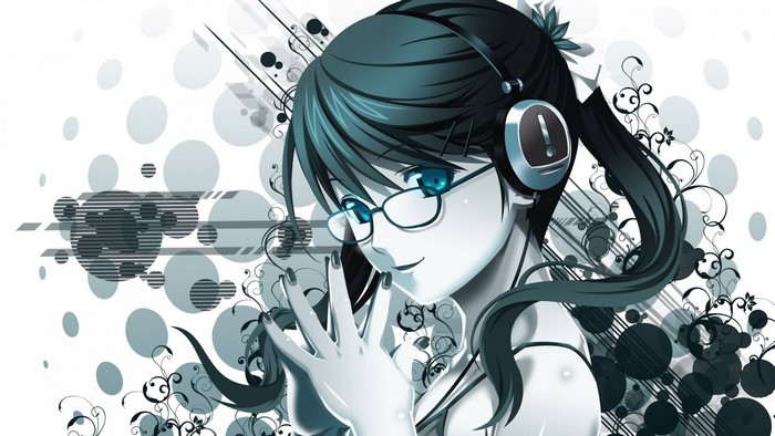 Anime girl with headphones and glasses