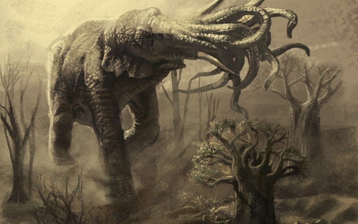 Fantasy elephant with tentacles in a barren landscape
