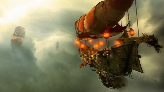 Fantasy airship with dragon head flying in clouds