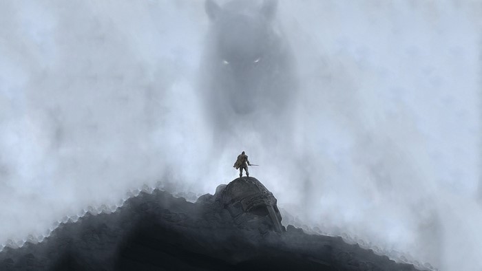 Warrior facing a giant wolf in the mist