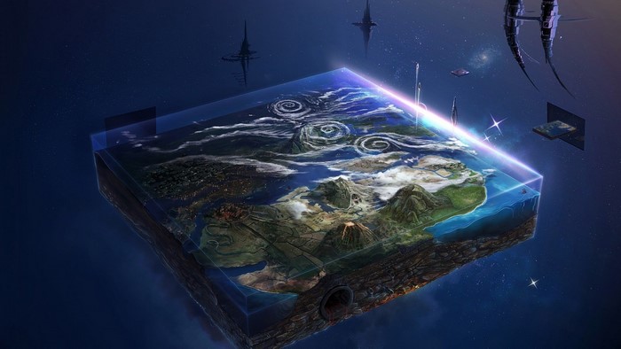 Flat Earth model in space with futuristic structures