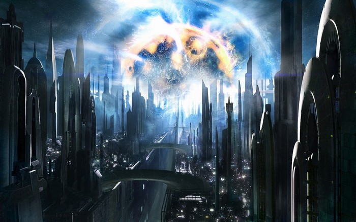 Futuristic city with a celestial event