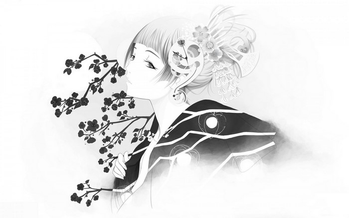Monochrome illustration of a woman with cherry blossoms