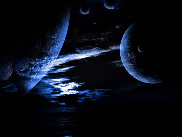 Digital art of planets and moons in outer space
