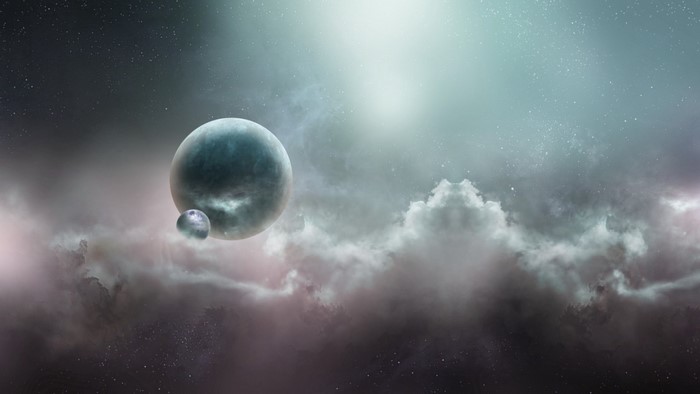 Two planets in a cloudy, starry sky