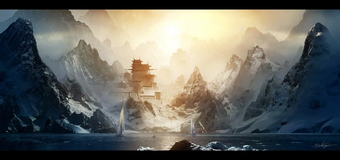 Fantasy art of a snowy mountain landscape with a temple and boats