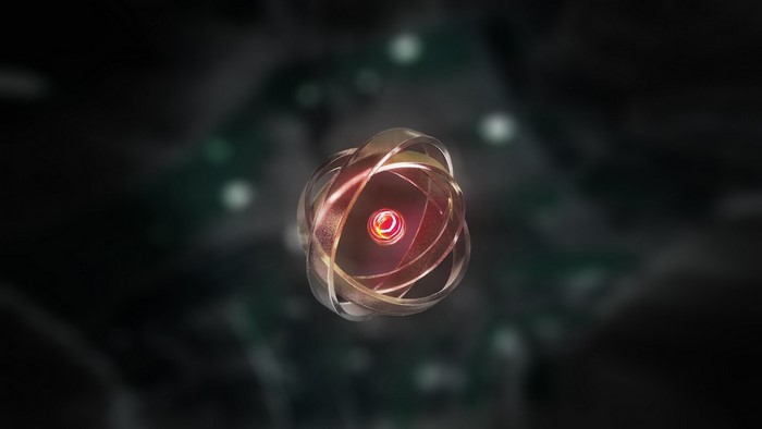 Abstract atom model with glowing red nucleus and rings