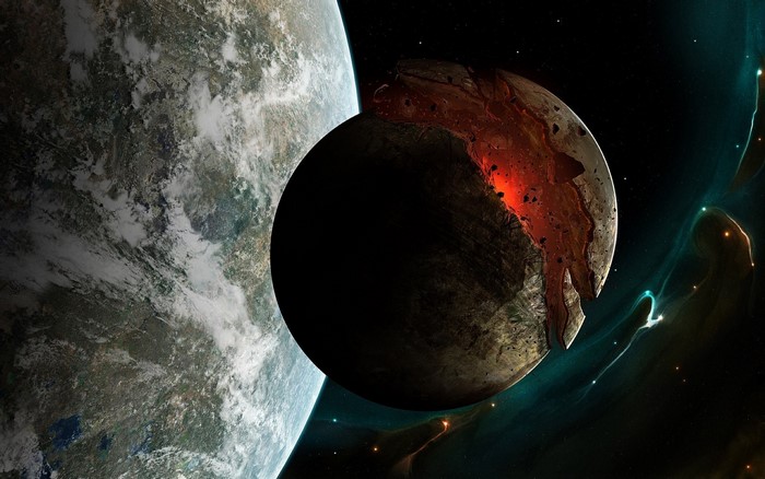 Destroyed planet in space with nebula and Earth