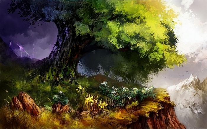 Digital painting of a tree on a cliff during a storm