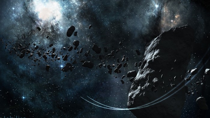 Asteroid belt in a distant galaxy with nebulae and stars