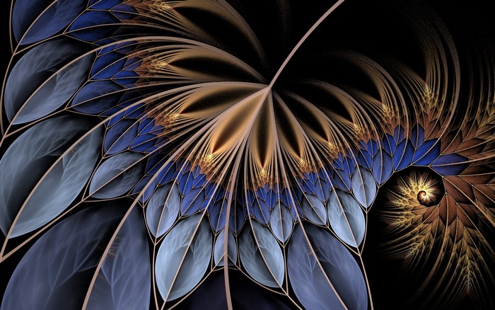 Abstract fractal art with blue and gold petals