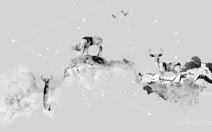 Monochrome illustration of deer in a mountainous landscape with abstract elements